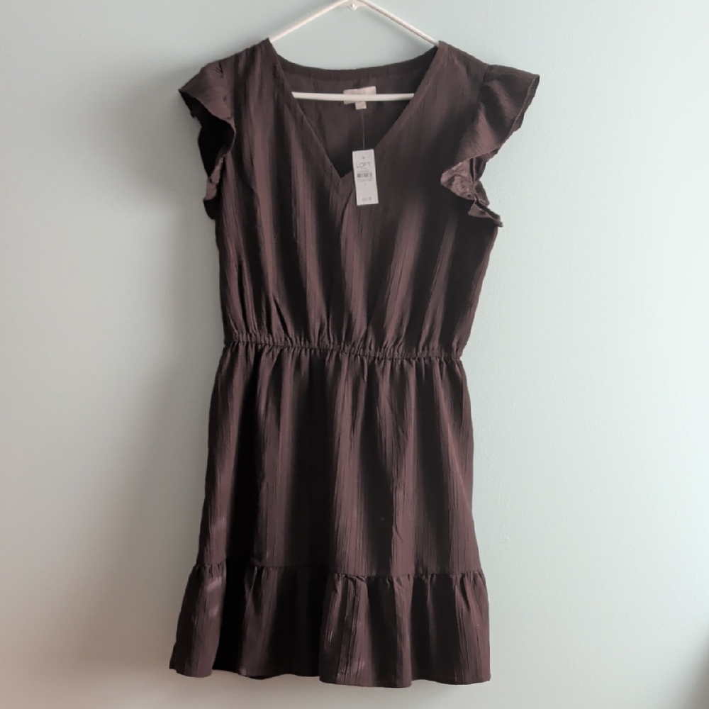 LOFT Chocolate Ruffle Sleeve Mini Dress